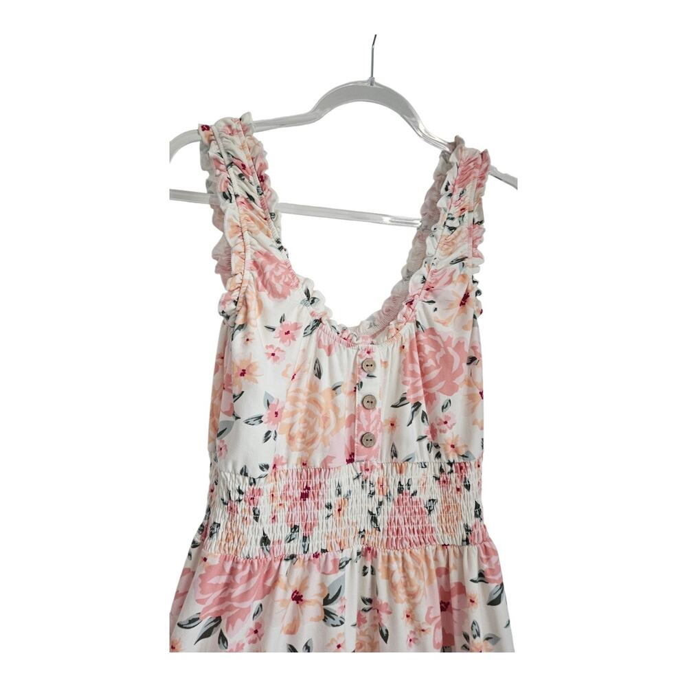 No Boundaries Mini Dress Size XS Cream Pink Floral Stretch Ruffles Smocked Waist - Picture 3 of 10